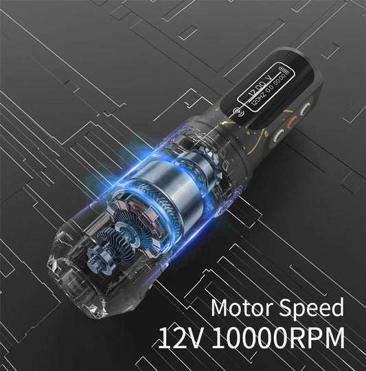 FLUX MAX PROFESSIONAL CORDLESS ROTARY TATTOO MACHINE, LED DIGITAL DISPLAY AND 4.0 MM WIDE TATTOO PEN.