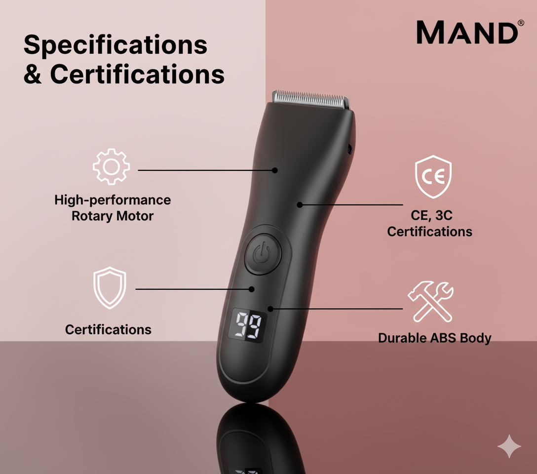 MEN'S BODY HAIR TRIMMER, INCLUDING A TRIMMER FOR INTIMATE HAIR.