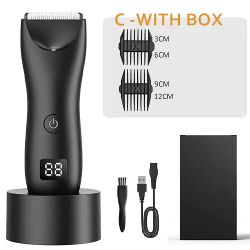 MEN'S BODY HAIR TRIMMER, INCLUDING A TRIMMER FOR INTIMATE HAIR.