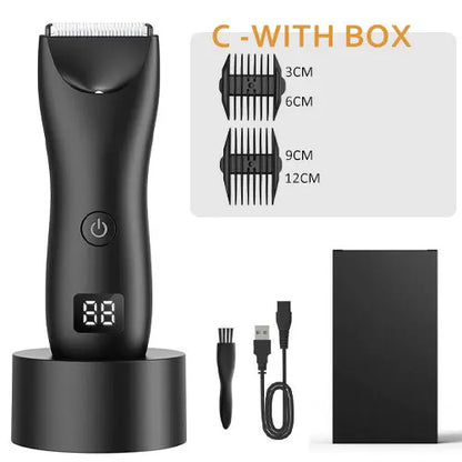 MEN'S BODY HAIR TRIMMER, INCLUDING A TRIMMER FOR INTIMATE HAIR.
