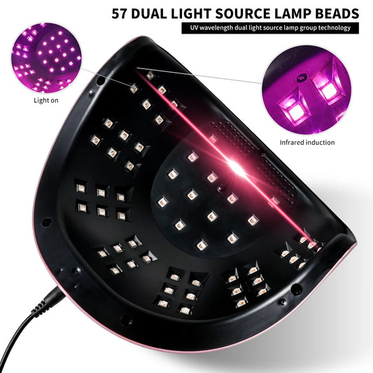 Professional UV/LED nail lamp with 57 LEDs, fast drying, for gel polish curing and LCD display.