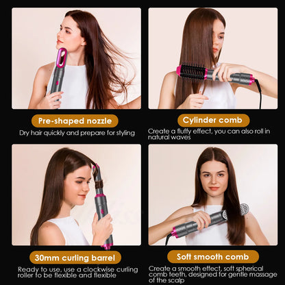 5-IN-1 HAIR DRYER WITH HOT AIR COMB FOR CURLING, STRAIGHTENING, AND ADDING VOLUME TO HAIR.
