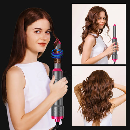 5-IN-1 HAIR DRYER WITH HOT AIR COMB FOR CURLING, STRAIGHTENING, AND ADDING VOLUME TO HAIR.