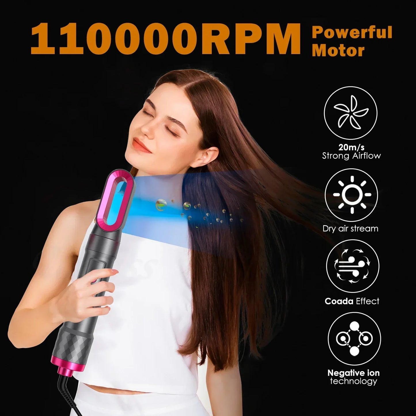 5-IN-1 HAIR DRYER WITH HOT AIR COMB FOR CURLING, STRAIGHTENING, AND ADDING VOLUME TO HAIR.