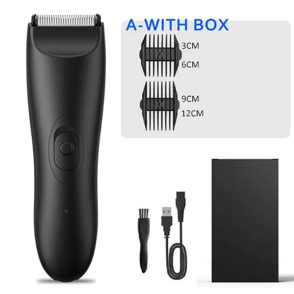 MEN'S BODY HAIR TRIMMER, INCLUDING A TRIMMER FOR INTIMATE HAIR.