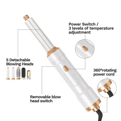 5-IN-1 HAIR DRYER WITH HOT AIR COMB FOR CURLING, STRAIGHTENING, AND ADDING VOLUME TO HAIR.