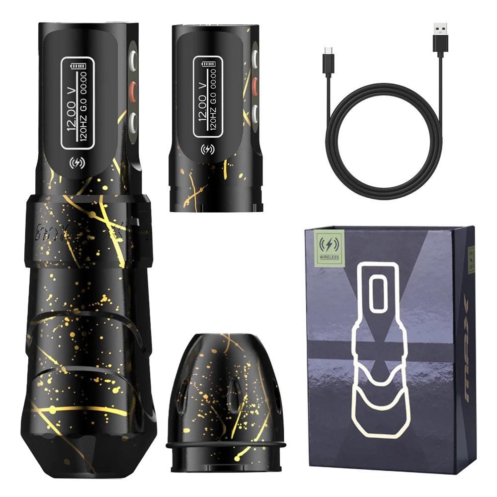 FLUX MAX PROFESSIONAL CORDLESS ROTARY TATTOO MACHINE, LED DIGITAL DISPLAY AND 4.0 MM WIDE TATTOO PEN.