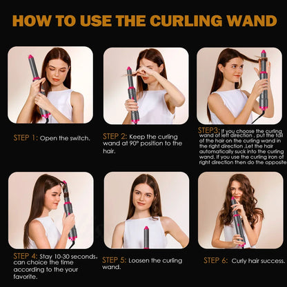 5-IN-1 HAIR DRYER WITH HOT AIR COMB FOR CURLING, STRAIGHTENING, AND ADDING VOLUME TO HAIR.