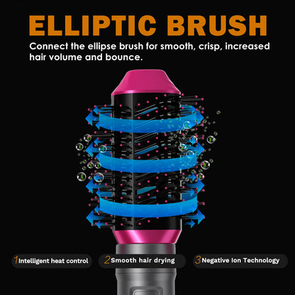 5-IN-1 HAIR DRYER WITH HOT AIR COMB FOR CURLING, STRAIGHTENING, AND ADDING VOLUME TO HAIR.