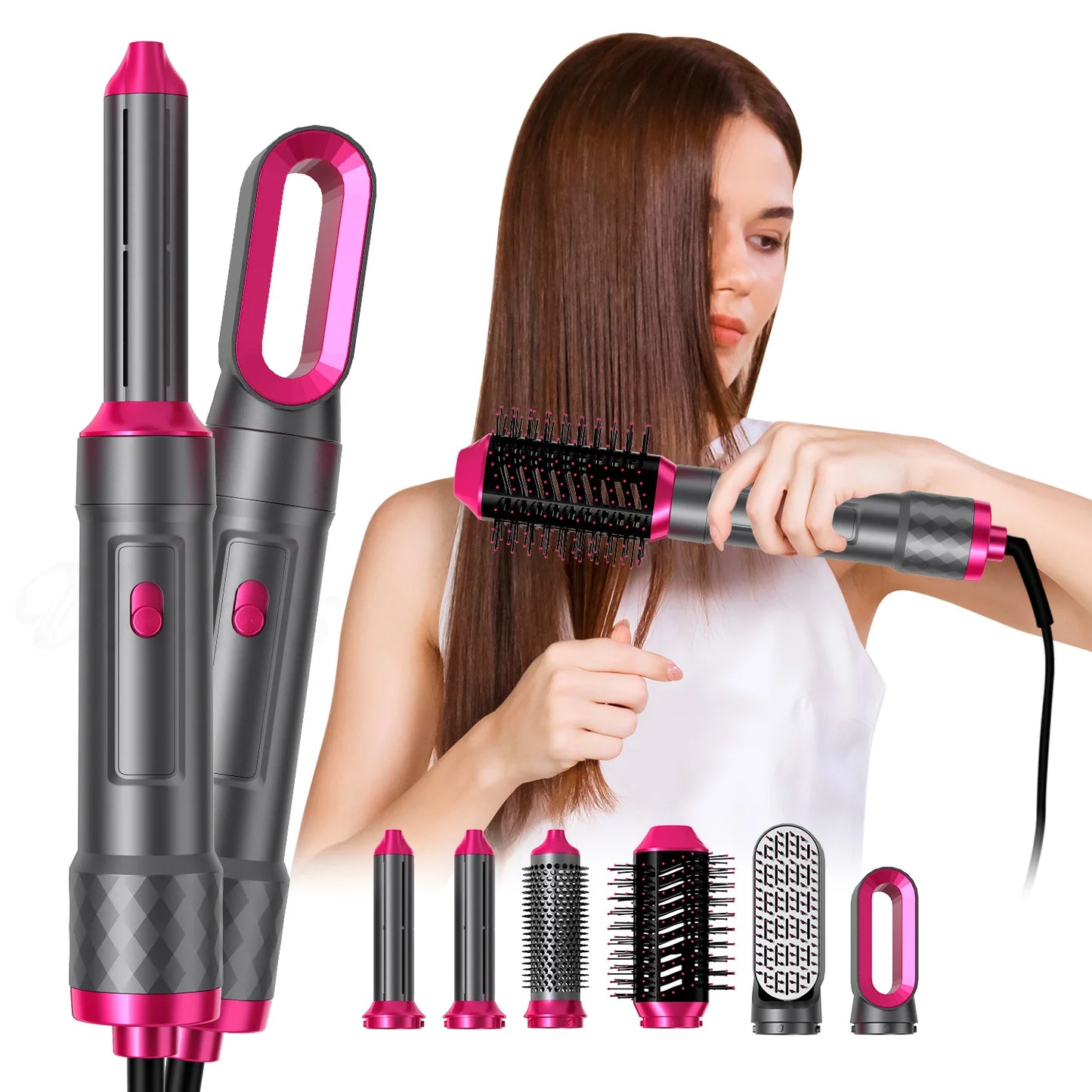 5-IN-1 HAIR DRYER WITH HOT AIR COMB FOR CURLING, STRAIGHTENING, AND ADDING VOLUME TO HAIR.