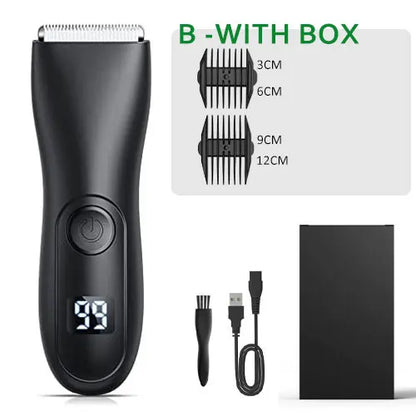 MEN'S BODY HAIR TRIMMER, INCLUDING A TRIMMER FOR INTIMATE HAIR.