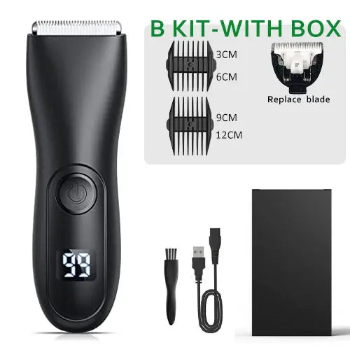 MEN'S BODY HAIR TRIMMER, INCLUDING A TRIMMER FOR INTIMATE HAIR.