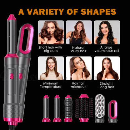 5-IN-1 HAIR DRYER WITH HOT AIR COMB FOR CURLING, STRAIGHTENING, AND ADDING VOLUME TO HAIR.