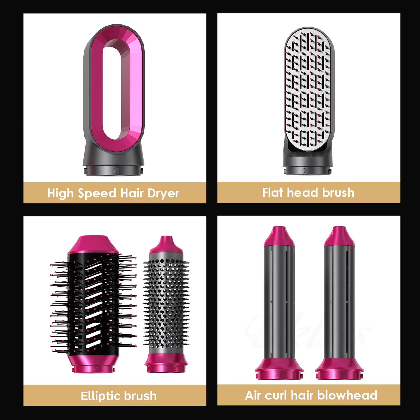 5-IN-1 HAIR DRYER WITH HOT AIR COMB FOR CURLING, STRAIGHTENING, AND ADDING VOLUME TO HAIR.