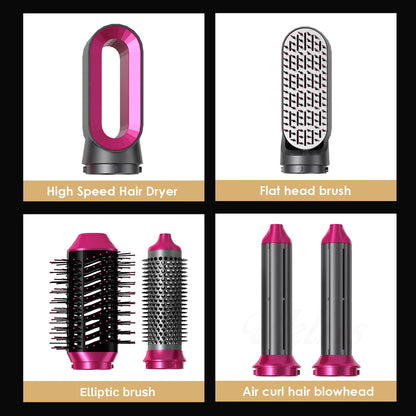 5-IN-1 HAIR DRYER WITH HOT AIR COMB FOR CURLING, STRAIGHTENING, AND ADDING VOLUME TO HAIR.